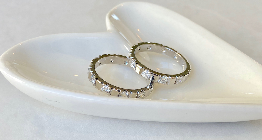 Diamond Wedding Bands in Heart Shaped Ring Dish