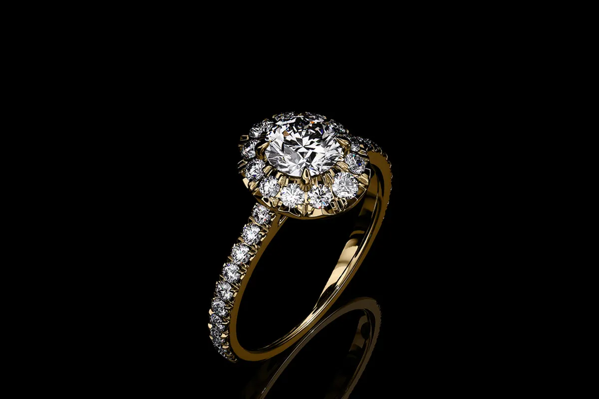 Celest Melee Ring on display with black background